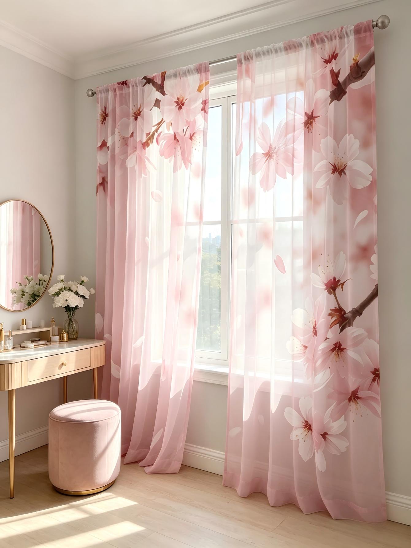2PCS 디지털 프린트 시스루 커튼, 부드러운 핑크 벚 - Home Decor Wall Panels 리뷰 및 가격