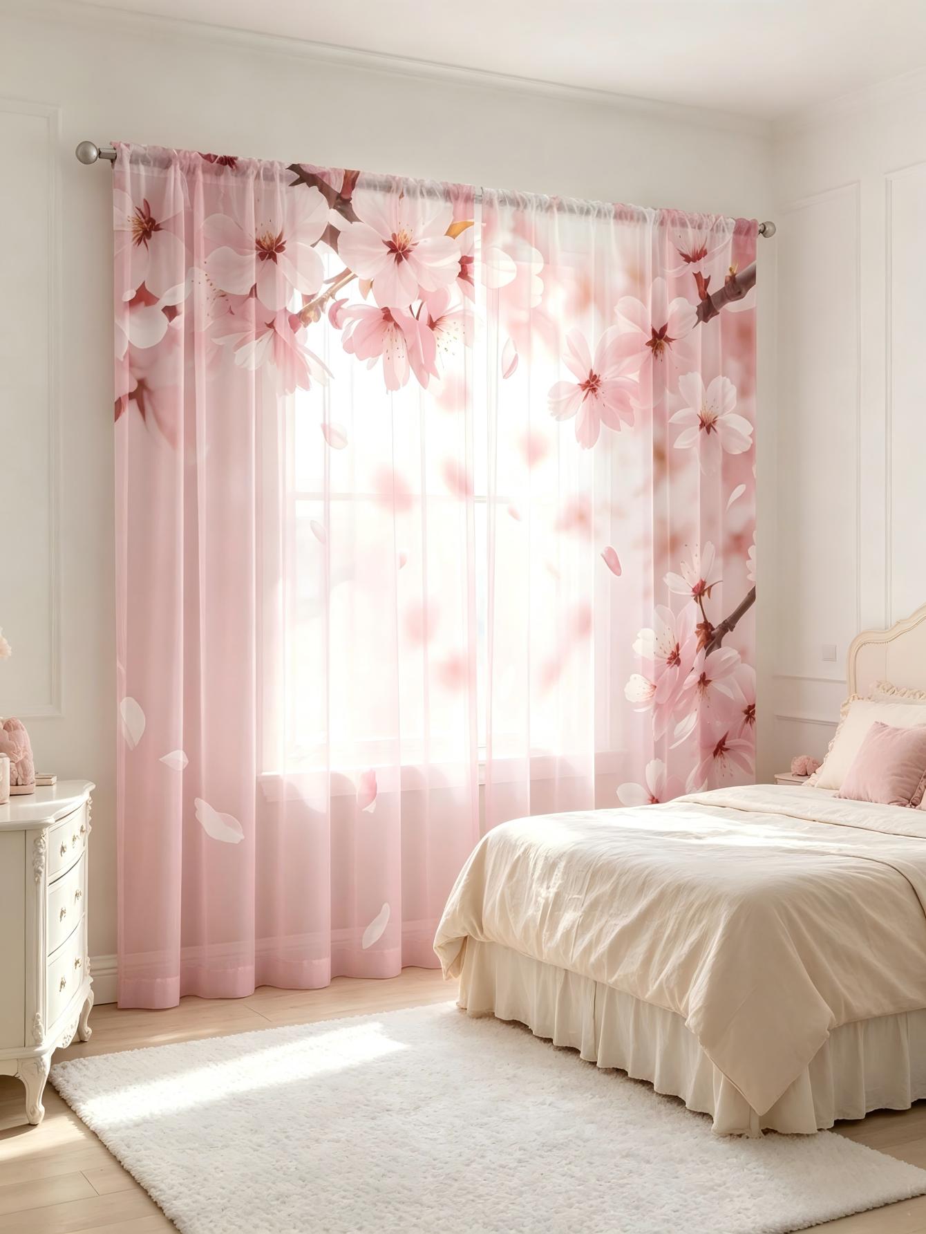 2PCS 디지털 프린트 시스루 커튼, 부드러운 핑크 벚 - Home Decor Wall Panels 리뷰 및 가격