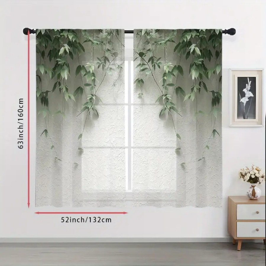 2PCS 디지털 프린트 시스루 커튼, 녹색 잎사귀와 흰 - Home Decor Wall Panels 리뷰 및 가격